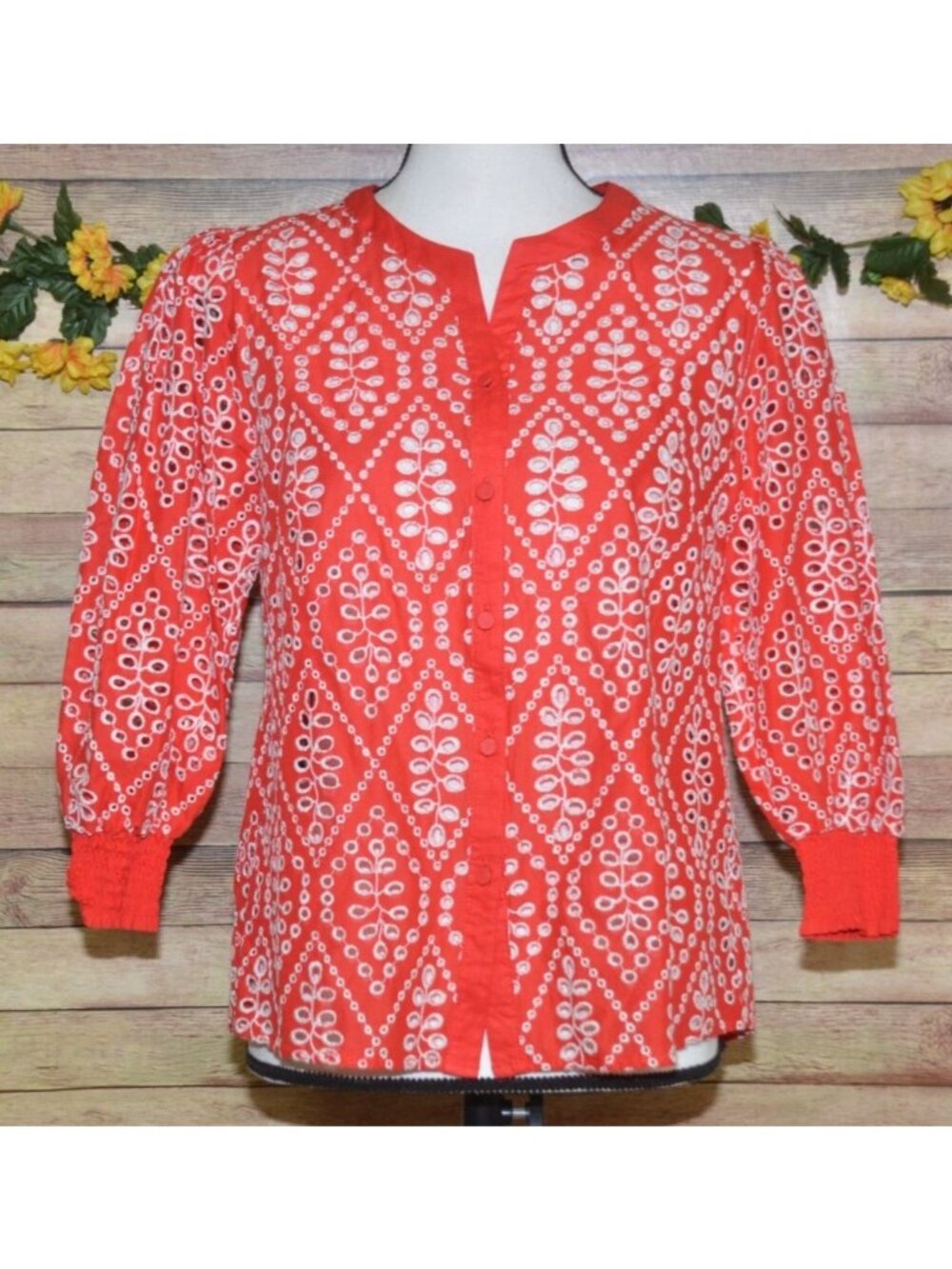 Cabi Ladies S Red Lyric Eyelet Button Front Blouse Top Size S Puff Sleeves